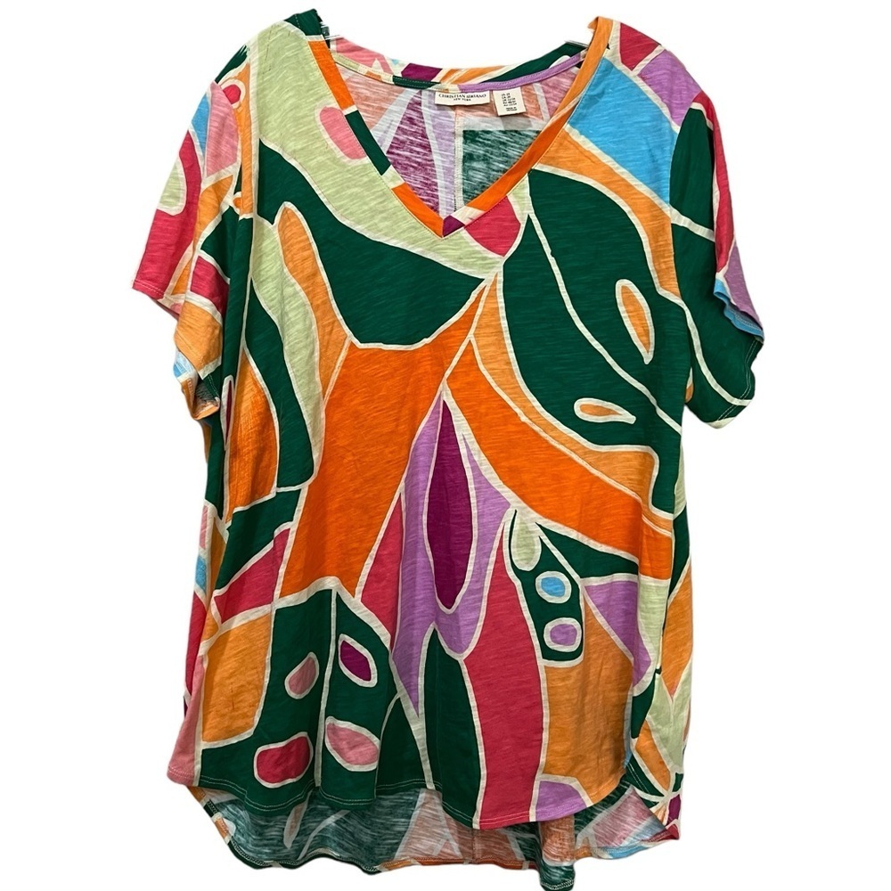Christian Siriano 2X Vibrant Bright Abstract Print V Neck Short Sleeve Shirt O3